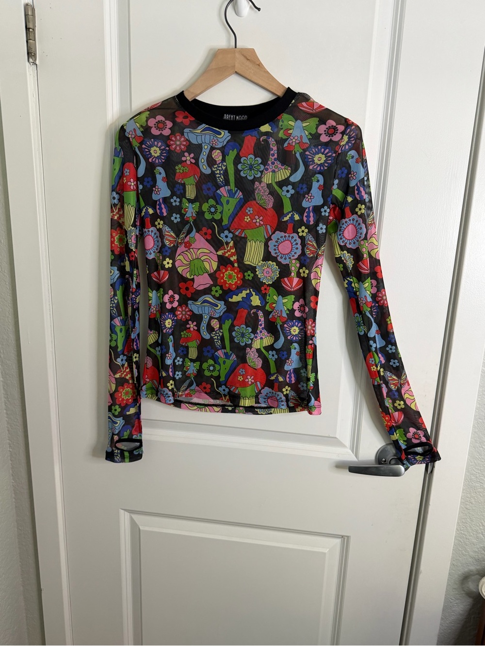 Dolls Kill Black Sheer Long-Sleeve Top with Multicolor Floral & Mushroom Print